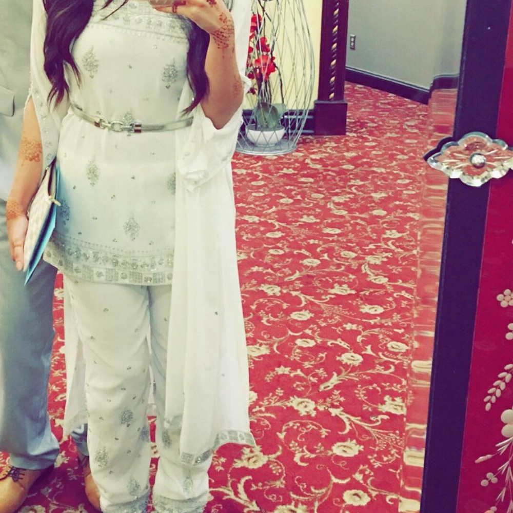 3 piece Saree white and silver capris suit